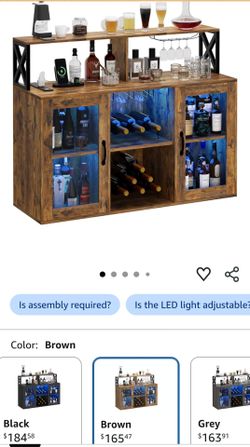 Garvee Wine Cabinet with LED Light, Bar Cabinet with Wine Rack, Glass Holder, and Power Outlets, for Living Room Dining Room, Brown