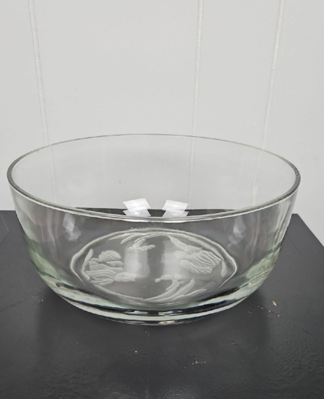 Vintage Large Glass Serving Bowl with Frosted & Etched Floral Design