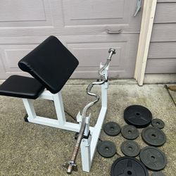 Preacher Curl Bar With 56lbs Of Weights And E-z Curl Bar 