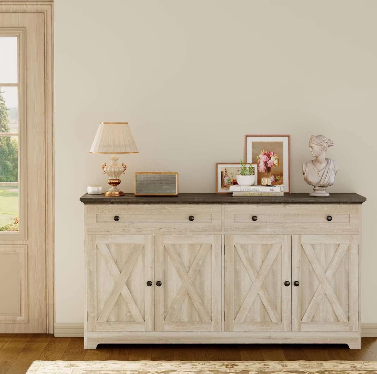 Buffet Cabinet with Storage, Sideboard Storage Cabinet, Kitchen Cabinet with Drawers and Doors, Natural Wood