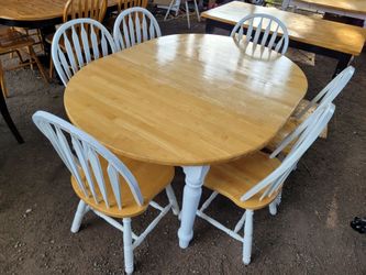 Farmhouse Dining Table And 6 Chairs + Leaf/Round/Oval/Set/Rustic/Shabby/Rare/Country/Butcher Block/Windsor/Solid oak/White/Wood
