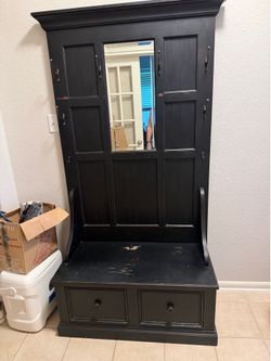 Ethan Allen Logan black hall tree 8 hooks 2 storage drawers
