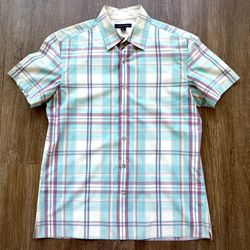 Y2K Banana Republic Plaid Button Up Shirt Men’s Medium Pastel Blue Pink Short Sleeve