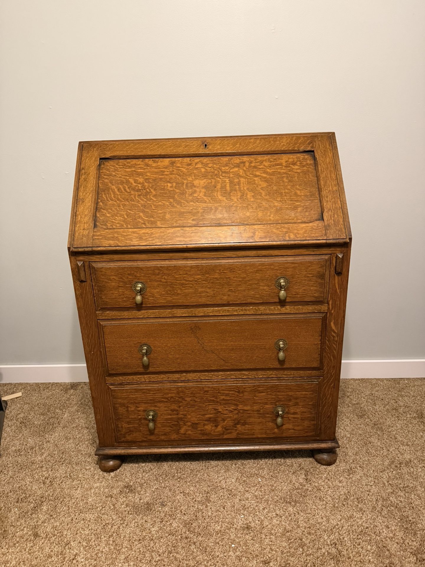 Antique Oak Secretary Desk With Flip Down Pull Down Writing Surface
