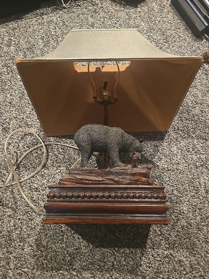 Black Bear Catching Fish Figural Table Lamp Rock Rustic Cabin Lake Lodge Light