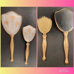 VTG Art Nouveau Floral Gold & Silver Mirror & Brush Set—Vanity , Boudoir Decor