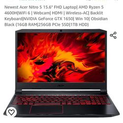 Acer Nitro 5 16 Inch Gaming Laptop AMD Ryzen 5 4600h 16 GB RAM 512 GB SSD 1080P LCD Nvidia GTX 1650 DDR5 Graphics Webcam HDMI Windows 64 OS 
