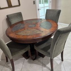 47” Round Kitchen Table With Slate Inserts (30 1/2” Tall) With 4 Cloth Green Chairs