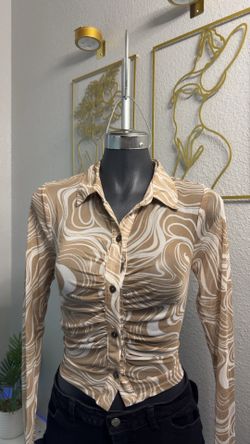 Retro Swirl Print Sheer Mesh Blouse