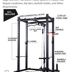 Power Rack w/ Barbell, Plates, Dumbbells, & Attachment Galore