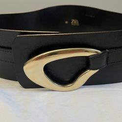 Zara Black Leather Sash BeltWith Gold Buckle