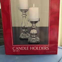 2 Glass Candle Holders 1 Is 8” 1 Is 10” Never Used Original Box 