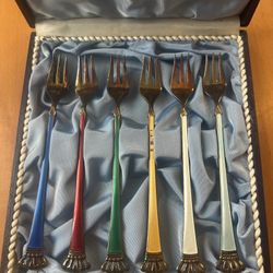 6 Ela Sterling GIFT COBALT ENAMEL CROWN TOPPED SEAFOOD FORKS IN BOX