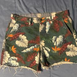 Gap Men's Chino Shorts Floral Print Green Flat Front Button Pockets Casual