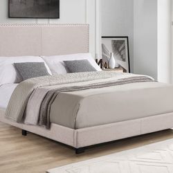 NEW IN BOX - HH515 Twin & Full Size Beige Linen Fabric Bed Frame with Nailhead Trim