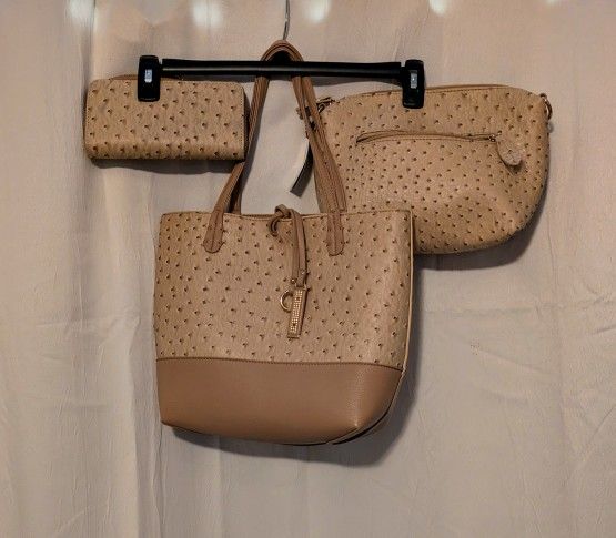 Coral Bay Three In One Elegant Tan Tote Bag Hand Purse Wallet Set