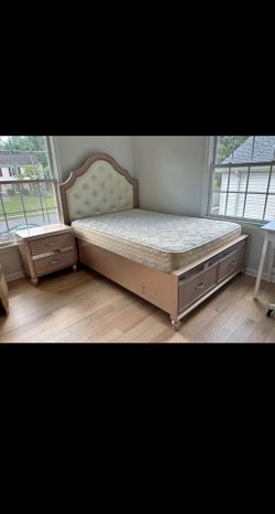 Full size bed with storage and dresser - rose gold and silver