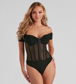 Black Mesh Corset Off-Shoulder Bodysuit