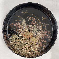 VINTAGE SHIBATA TENMOKU KIKU BLACK GOLD PINK FLORAL BLACK PORCELAIN DISH PLATE 7.5” JAPAN