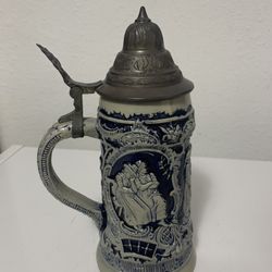 🍀vintage Blue & Gray Stein With Lid/ Jarra azul y gris con tapa, ofrecemos facilidades de pago cada quincenal o mensual, We offer payment facilities 