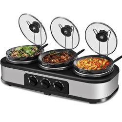 Triple Slow Cooker, 3×1.5 QT Buffet Servers and Warmers, 3 Pots Buffet Slow Cooker Adjustable Temp L