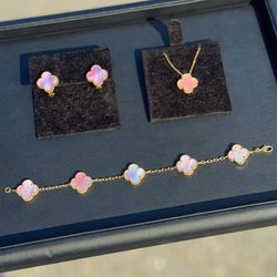 18k yellow gold Van cleef style pink MOP clover shape stone bracelet necklace earrings set