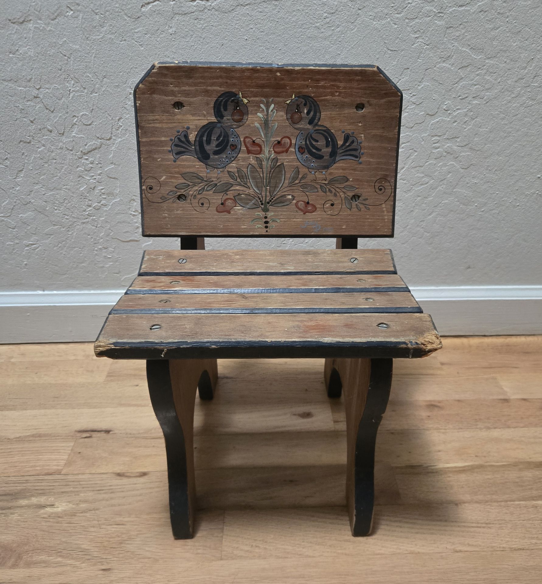 Vtg Childrens Chair Original Handmade Hand Painted Signed Kids Seat Birds Floral