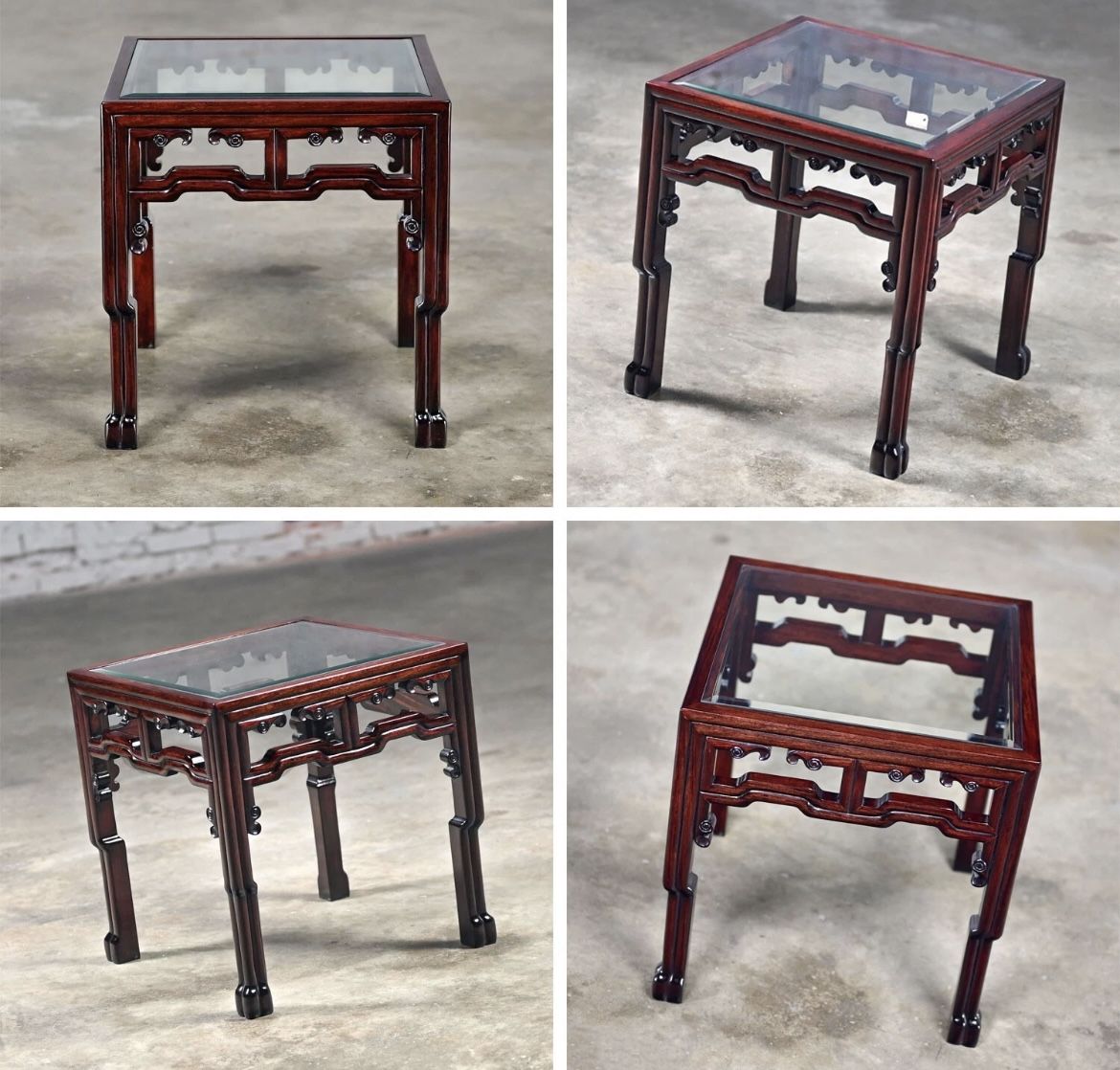 2 Late 20th Century Ming Style Rosewood End or Side Table With Square Glass Inset Top