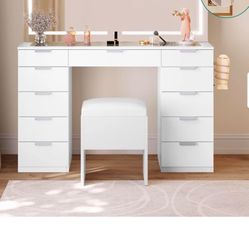 makeup vanity with large mirror and stool 