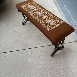 Spanish Revival style bench,cast iron,needlepoint upholstered seat