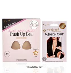 HOLLYWOOD FASHION SECRETS A/B Size Adhesive Strapless Push Up Sticky Bra & 72-Pack Double-Sided Fashion Tape - Featherlight Foam Inserts, Reusable Inv