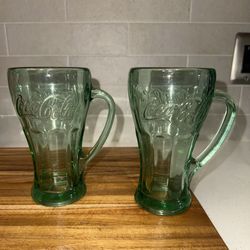 VINTAGE LIBBEY COCA-COLA HEAVY GREEN GLASS MUGS WITH HANDLE Set of 2