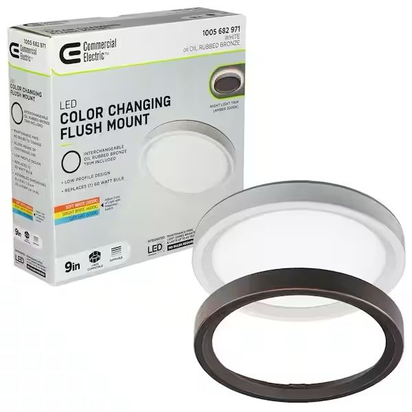 Open Box Commercial Electric 9 in. White, Oil Rubbed Bronze Trims 800 Lumens LED Flush Mount Ceiling Light Fixture with Night Light Adjustable CCT
