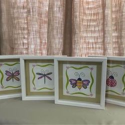 Set of 4 Love Bugs Pictures- Bee, Dragonfly, Butterfly & Ladybug with White Shadow Box Frames