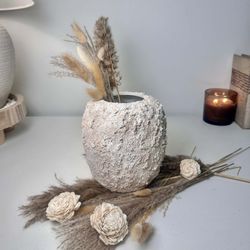 Minimalist Hand-Painted Textured Ceramic Round Vase 7" tall - cream sand wash