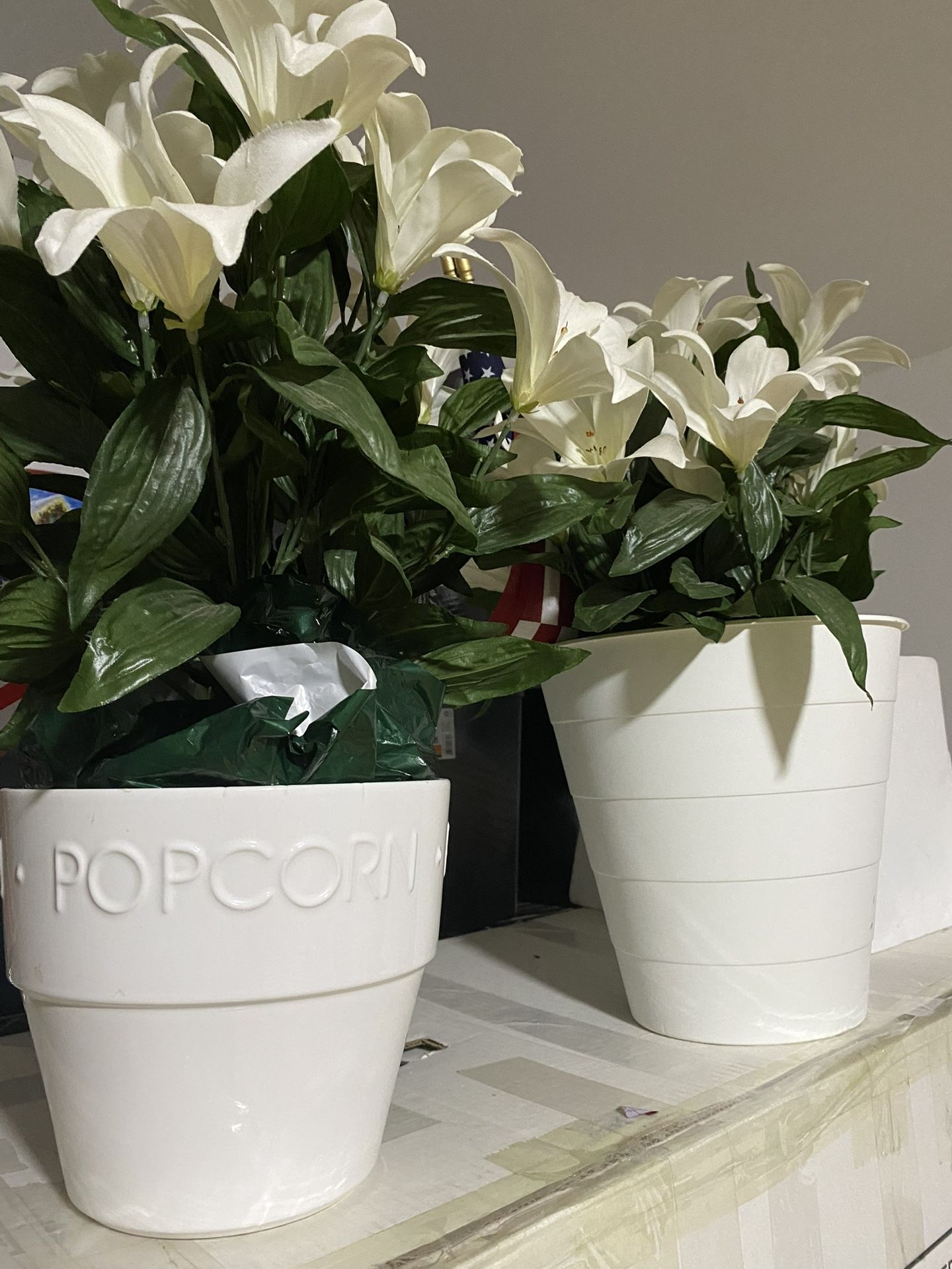 Beautiful White Lilly Faux Flowers With White Plastic Pot. $25.00 Each Or Both For $40.00.0 Only Used As In House Decor