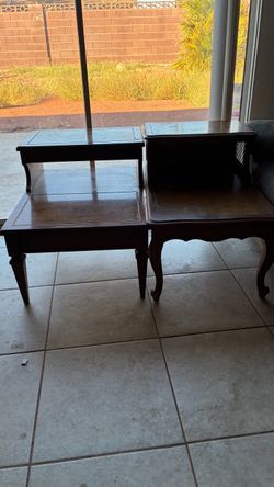 Pair of Dark Wood Two-Tier End Tables