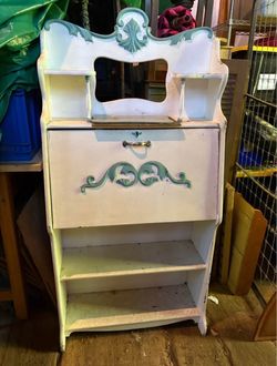 Vintage White Secretary Desk with Carved Details