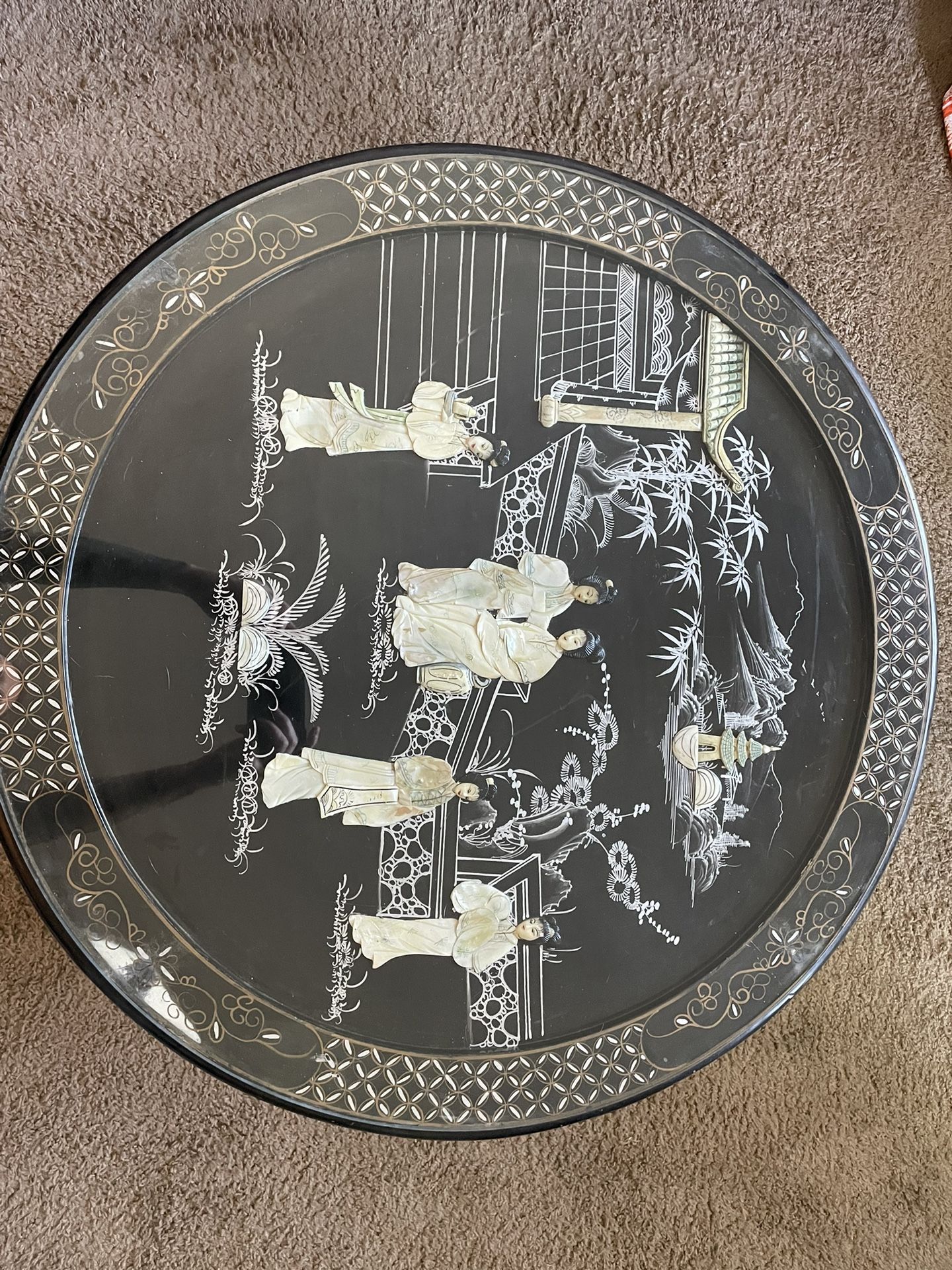 Antique Chinese Table With Glass Top & Stools