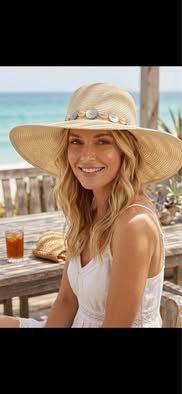 NEW WITH TAGS  Wide Brim Straw Sun Hat with Shell Accents