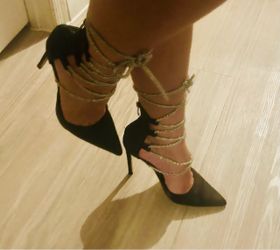 Black Pointed-Toe Heels with silver Wrap Straps