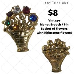 Vintage MONET Brooch Pin , Basket Of Rhinestone Flowers