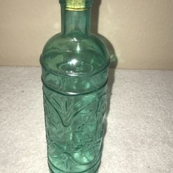 Vintage COLLECTIBLE Pale Green Glass Bottle w/ Decorative Embossed Grape Pattern