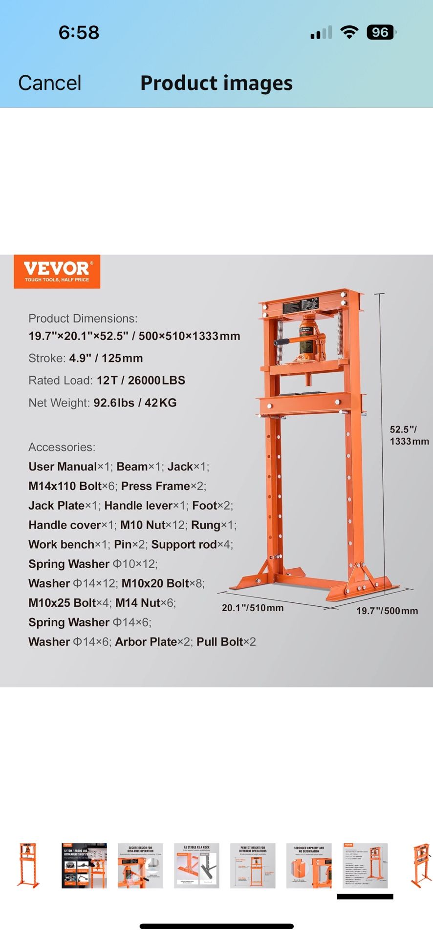 Vevor 12 Ton Hydraulic Shop Press