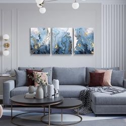 SERIMINO Blue Abstract Canvas Wall Art for Living Room, Navy and Gold Fluid Marble Wall Decor for Bedroom, Bathroom, Office, Home Decor, Set of 3 Prin