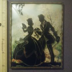 Antique Shadow Picture Silhouette Black Shadow Couple Figures Convex Bubble Glass Victorian Wall Hanging Decorative Collectible Vintage