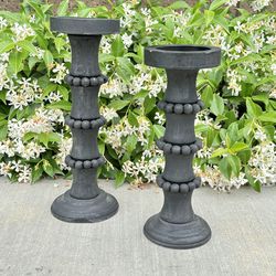 Matte Black Carved Wood Tiered Pillar Candle Holder - Set of 2