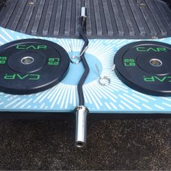 PAIR OF 25 LB.  OLYMPIC BUMPER PLATES & NEW  OLYMPIC EASY CURL BAR 