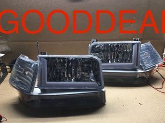 #4 FIT 92-1996 Ford F150 / F250 /F350 / Bronco Chrome LED Bar DRL Halogen Headlights Head Light Pair Set Lamp