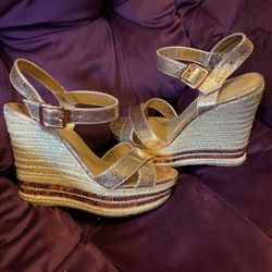 Bamboo Rose Gold metallic espadrille wedge sandals with sequin detailing, sz 8, $8.00